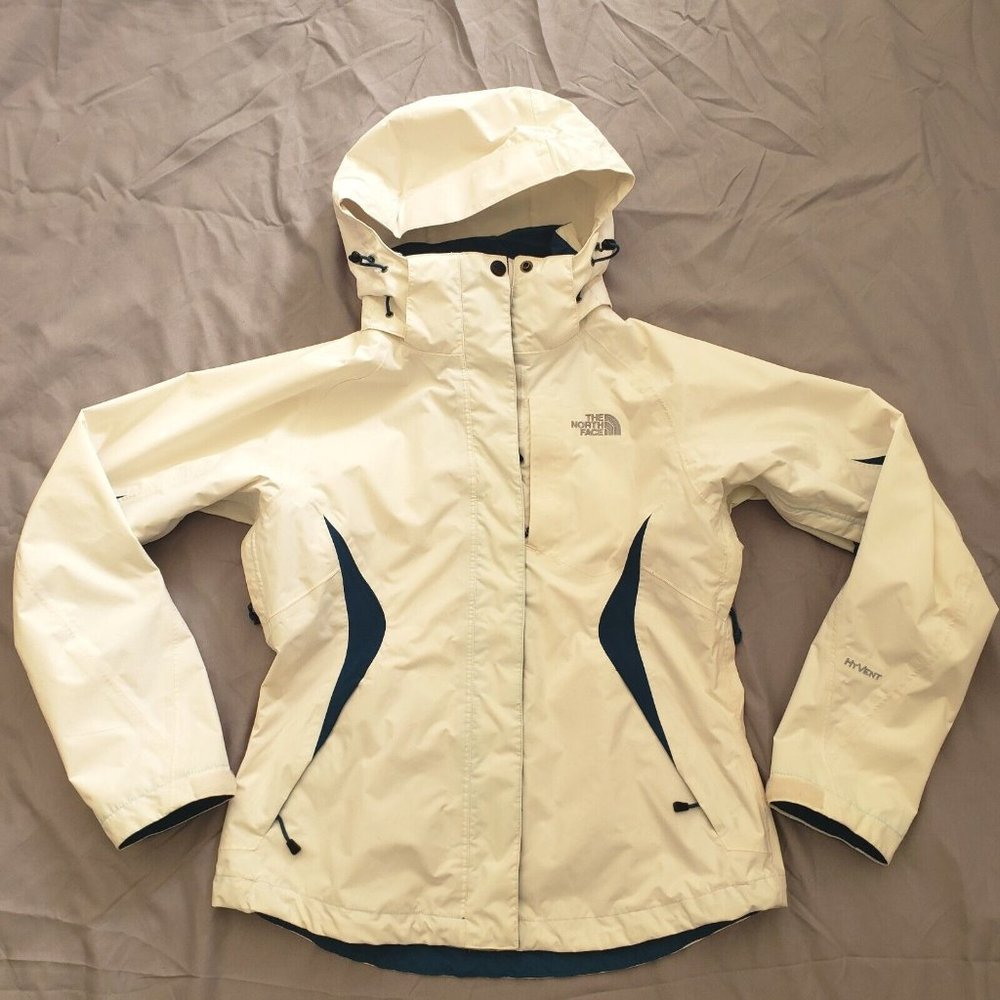 The NORTH FACE HyVent DT White Ivory /Blue Rain Coat Jacket Hooded Women’s XS - Picture 1 of 11